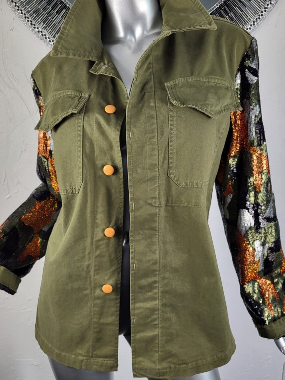 $285~HISTORY REPEATS~M/42~GREEN CAMO ORANGE BLACK SEQUIN MILITARY JACKET COAT